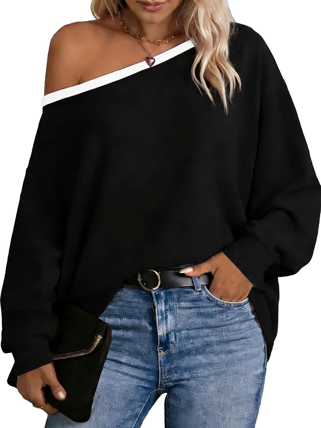 Dressmine Womens Off Cold Shoulder Tops Long Sleeve Asymmetrical Batwing Sweatshirts Blouse Casual Loose Tunics