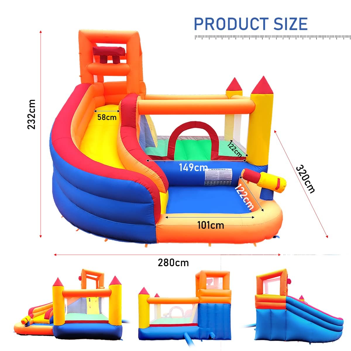 Ballsea Große Hüpfburg mit Gebläse, Trocken-/Wasserrutsche, geeignet für Kinder von 3 bis 10 Jahren, Children's Bouncy Castle for Indoor or Outdoor use 320 x 280 x 232 cm