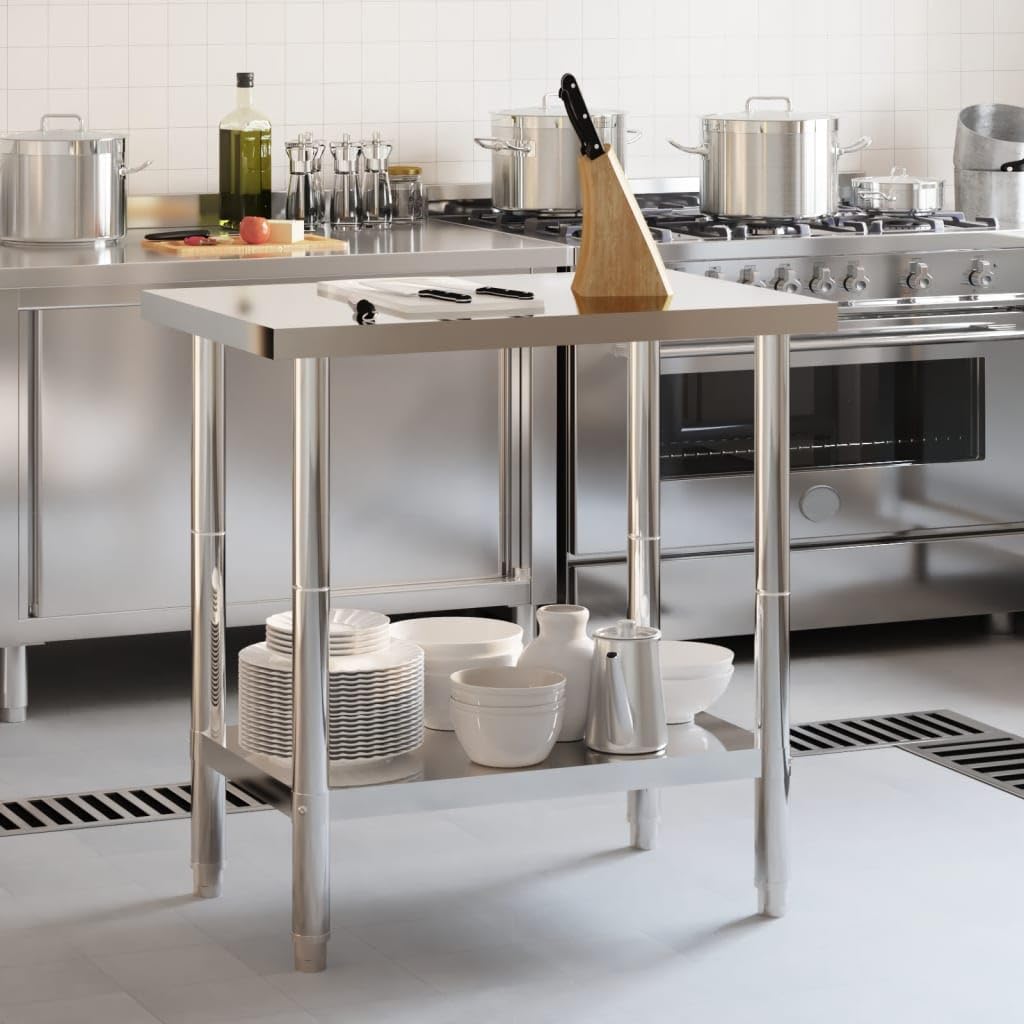 Tavolo da lavoro da cucina in acciaio inox, 82,5 x 55 x 85 cm, per gastronomia, ristorante, cucina, catering, pasti e hotel, con ripiano inferiore per conservazione e preparazione