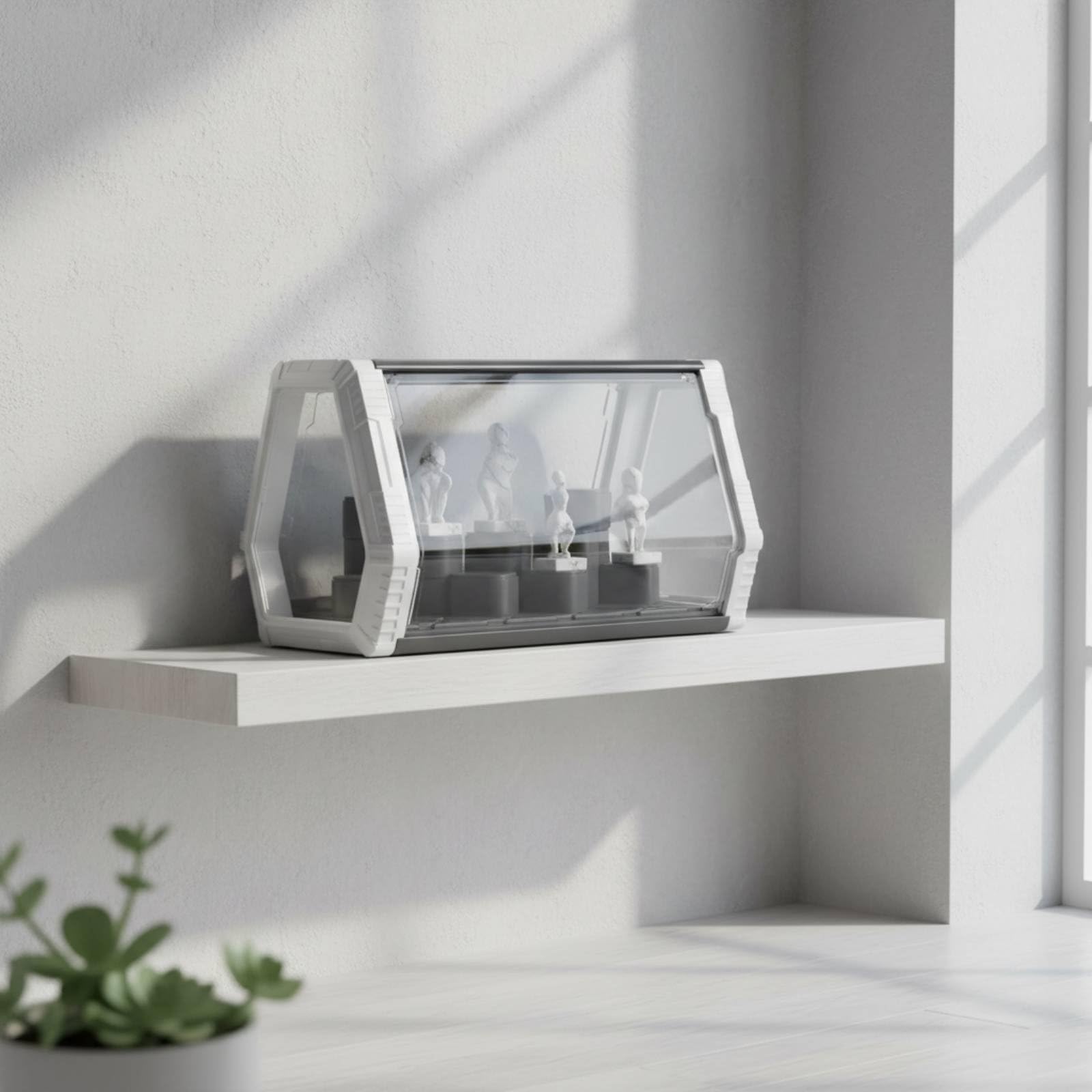 Vitrine Figuren Vitrinenschrank Schaukasten Sammlervitrine mit Led Innenbeleuchtung Weiß Warm Klappdeckel Pet Material Staubfrei Feuchtegeschützt mit , Silber , Size to 3