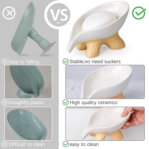 Miniatura 7 de Jabonera con forma de hoja autodrenante, jabonera de cerámica moteada para baño y ducha, fácil de limpiar, mantiene el jabón seco, ANTIS'S HOME