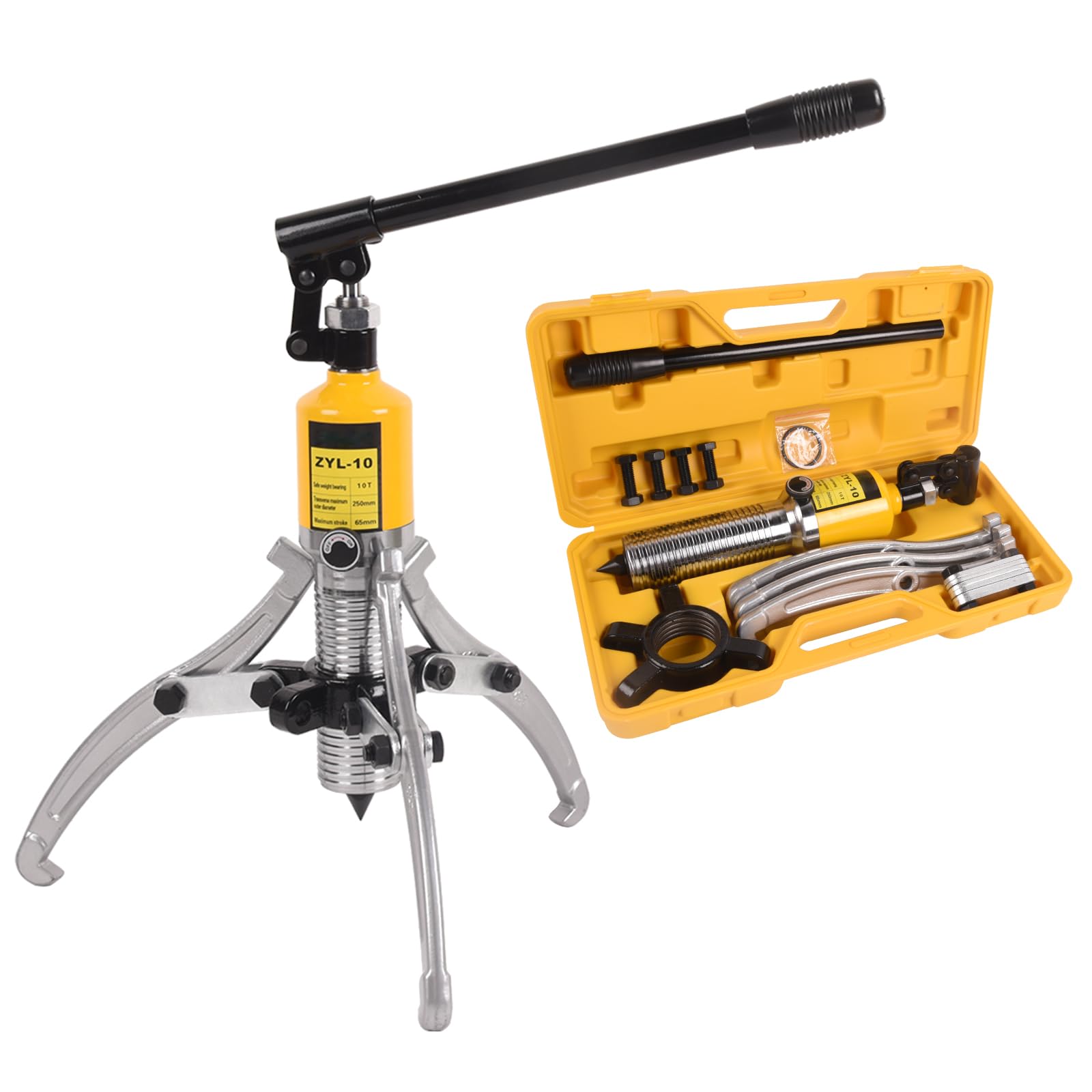 Hydraulic Gear Puller 10 Ton 2 or 3 Jaws Hub Puller 9.84" Spread Hydraulic Puller Set Wheel Bearing Pulling Separator Hydraulic Puller Tool Kit with Case for CV Shaft Axle Rotors