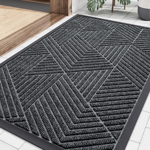 Image of Smiry Front Door Mat Outside Entrance, Heavy Duty Sturdy Natural Rubber Doormat, Trap Dirt and Moisture, Easy Clean Low Profile Mats for Indoor Outdoor Entry, Irregular Triangle (29.5x17, Grey)