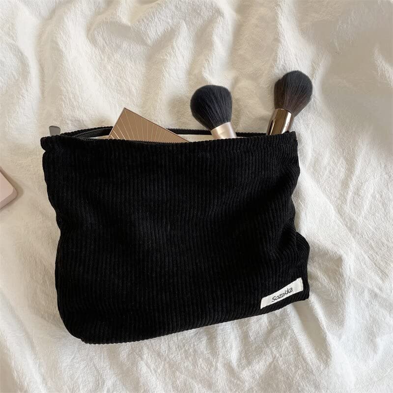 Bolsa de maquillaje estética, bolsa de maquillaje pequeña para bolso, bolsa de maquillaje de pana (negro)