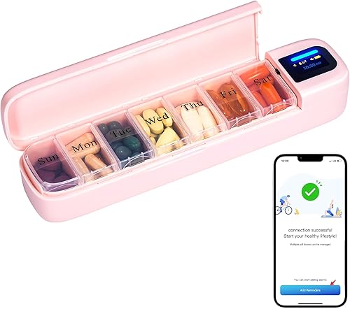 Organizador semanal inteligente de píldoras con aplicación, pastillero diario portátil de 7 días con alarma de sonido y recordatorio de luz, bonito