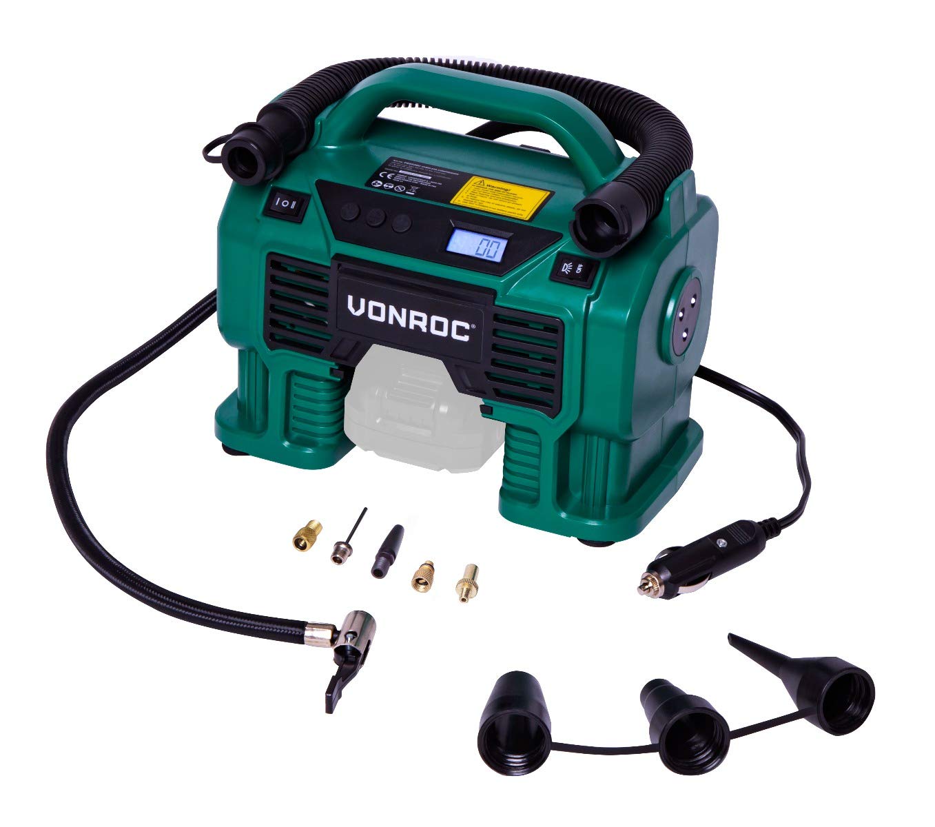 VONROC Akku-Kompressor VPower 20V - 20V Akku und 12V Zigarettenanzünder-Stecker – Befüll- und Entleerungsfunktion - Max. Arbeitsdruck 11 bar - Inkl. 8-teiligem Zubehör - Exkl. Akku und Ladegerät