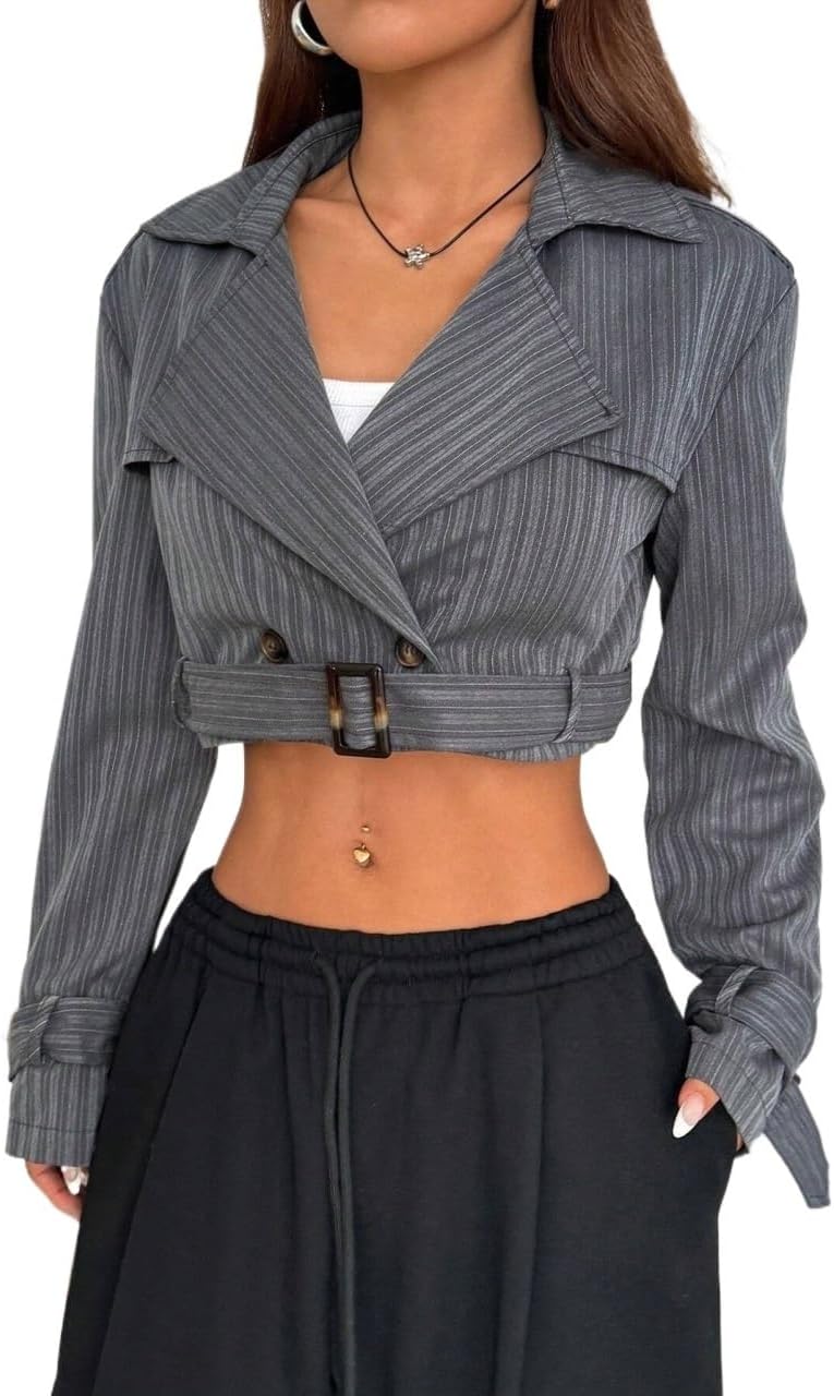 Womens Fashion Trench Outwear Long Sleeve Flat Collar Striped Casual Trench Coat Jacket Coat