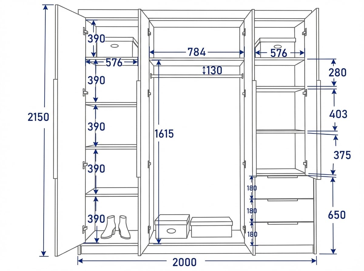 A&J MöbelLand VIVO Kleiderschrank 4-türig mit Spiegel und Schubladen – 200 x 215 cm – Drehtürenschrank mit Kleiderstange und Einlegeböden