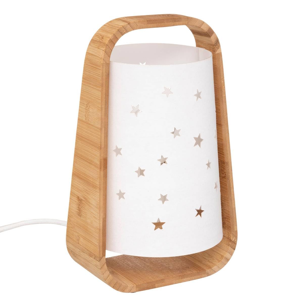 Atmosphera - Lampe à Poser Enfant Étoiles Blanche - D. 15 x H 27 cm - Base Bambou, Abat-Jour Papier - Pour Chambre, Veilleuse, Lampe de Chevet