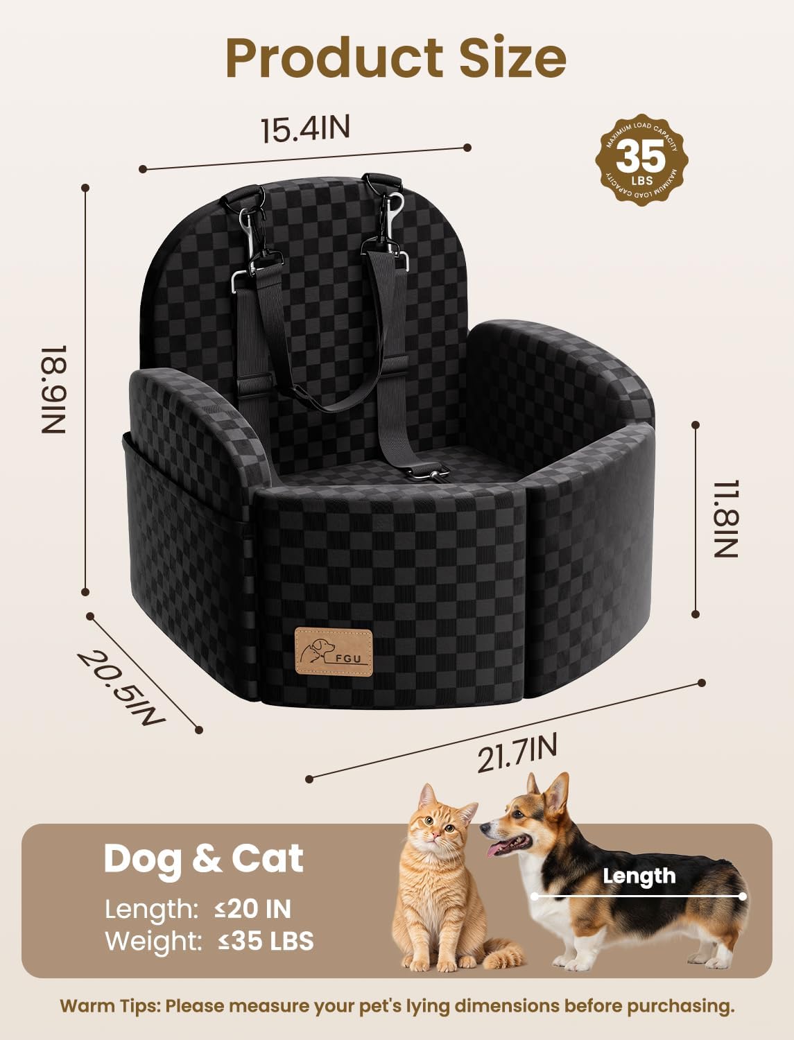 Dog Car Seat for Small/Medium Dogs Up to 35 lbs, Elevated Memory Foam Dog Booster Seat with 2 Safety Belts, Travel Safety Pet Car Seat with Detachable Washable Cover and Storage Pockets (Black/Black)