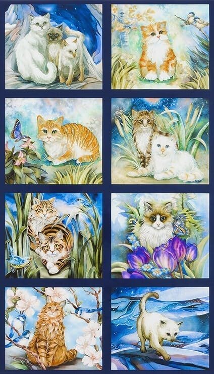 FlashPhoenix Quality Sewing Fabric – 24" X 44" Panel Be Pawsitive Cats Animals Navy 100% Cotton Fabric Panel