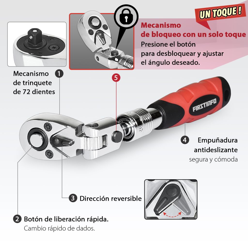 FIRSTINFO Carraca Telescópica 1/4" Articulada 72 Dientes F3222NB