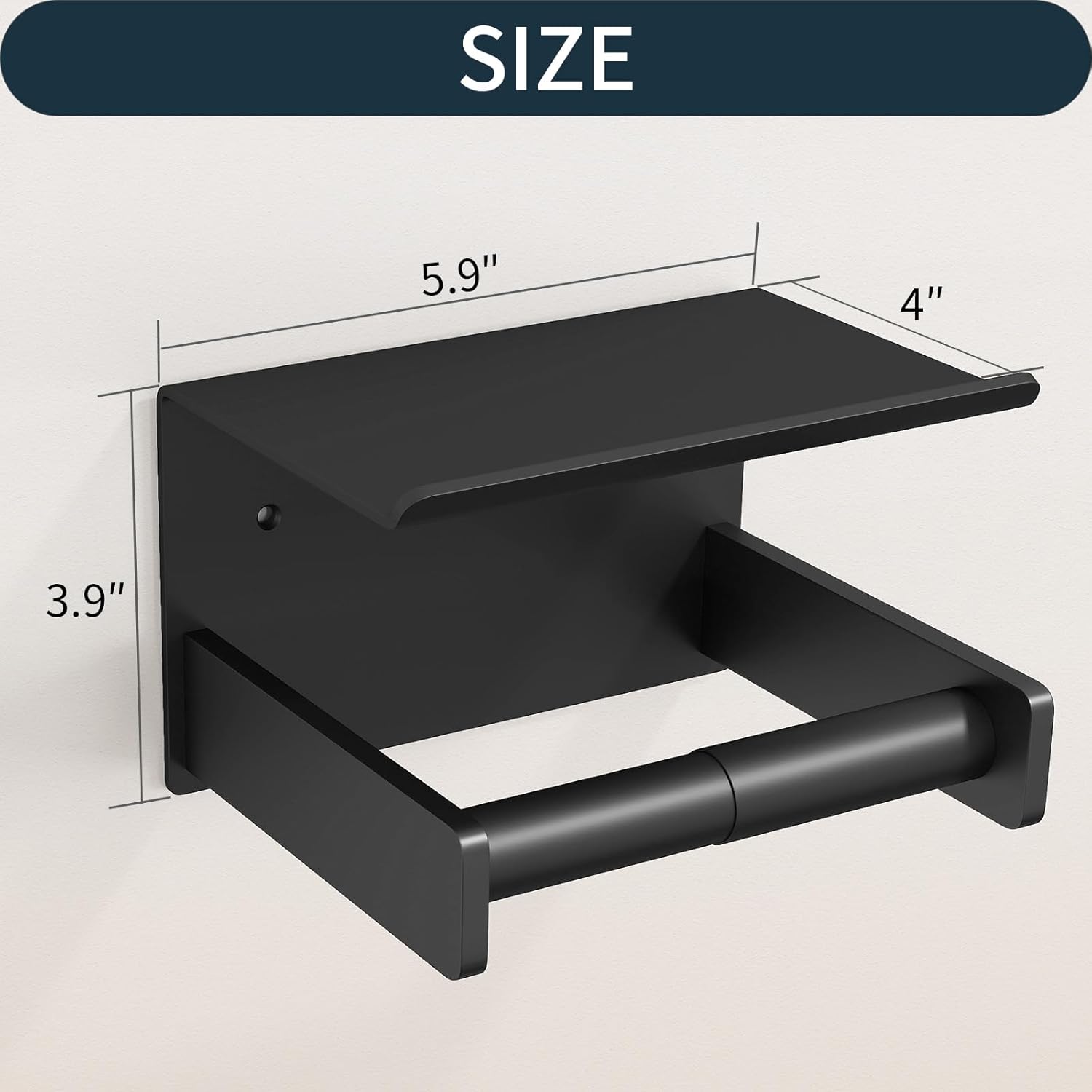 Bethom Toilet Paper Holder with Shelf Wall Mount, Self Adhesive or Screw in, Tissue Holder for Bathroom Washroom RV with Spring Rod, Matte Black
