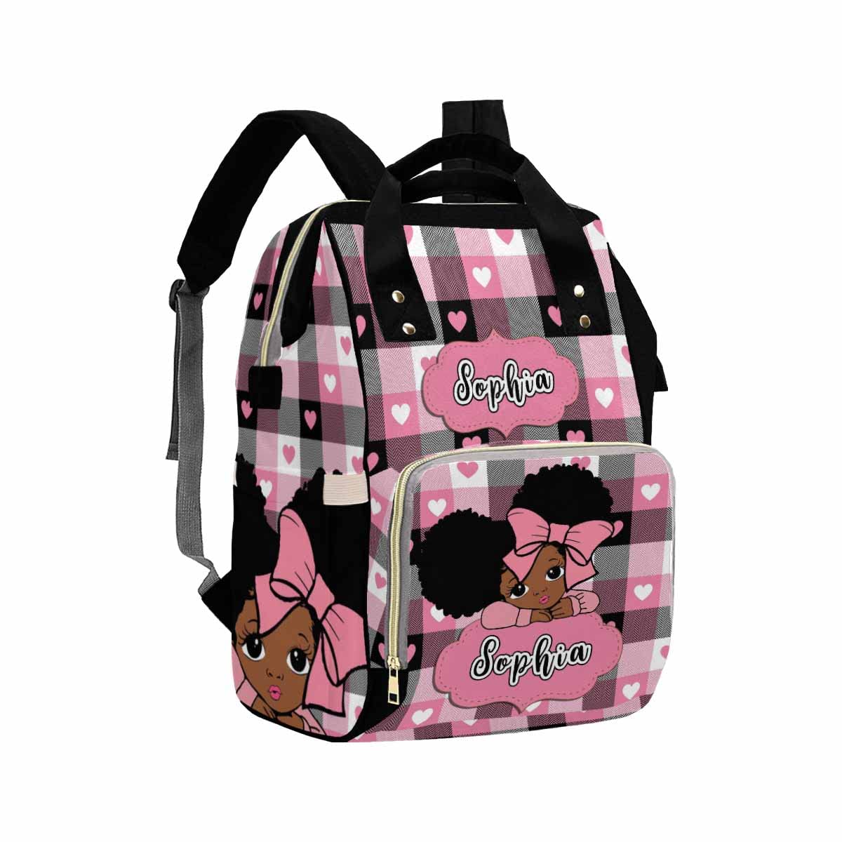 Artsadd Custom Name Baby Diaper Bag from Mom Dad, Personalized Pink Hearts Plaid Baby Backpack with Stroller Straps Large Capacity Shoulder Bag for
