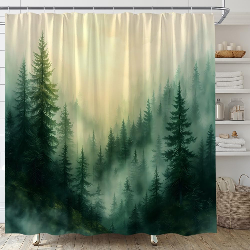 Misty Forest Shower Curtain Watercolor Pine Tree Forest Foggy Mountain Rustic Nauter Scenery Home Fabric Bathroom Decor Set Include Hooks,(70" Wx74.8 H)