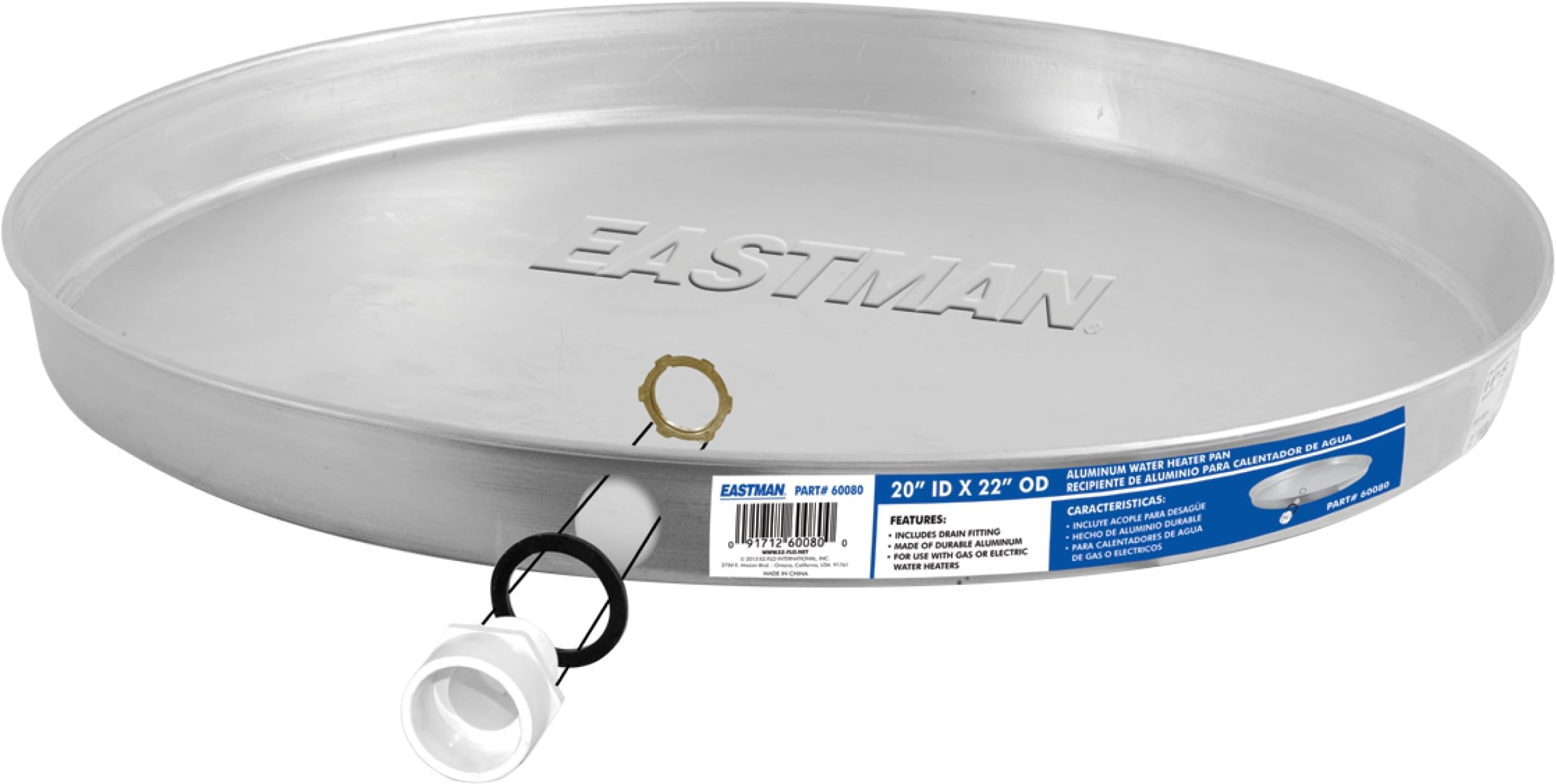 Eastman Aluminum Water Heater Drain Pan with PVC Fittings, 20 Inch ID x 22 Inch OD Compression, 60080