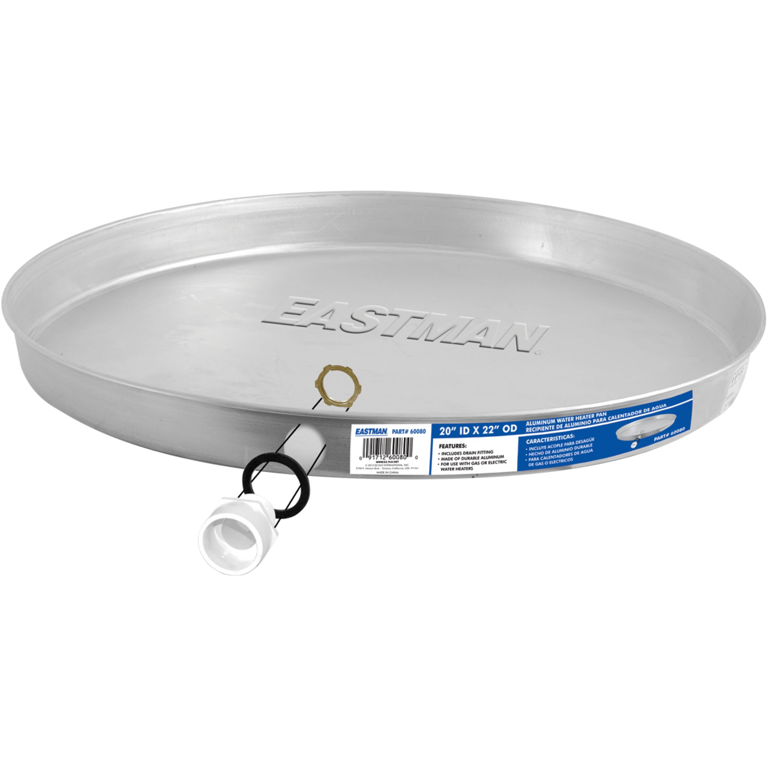 Eastman Aluminum Water Heater Drain Pan with PVC Fittings, 20 Inch ID x 22 Inch OD Compression, 60080