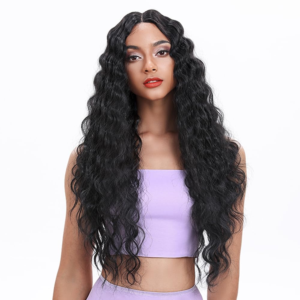 FASHION IDOL Parrucche lunghe ondulate sintetiche con pizzo frontale 30 pollici con parte centrale profonda parrucche di capelli per bambini per donne resistente al calore