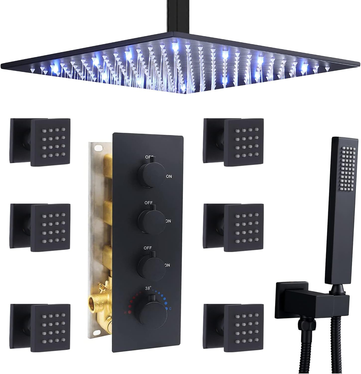 Luxury Black Shower Jets System in Wall, HOMEDEC 16Inch LED Rainfall