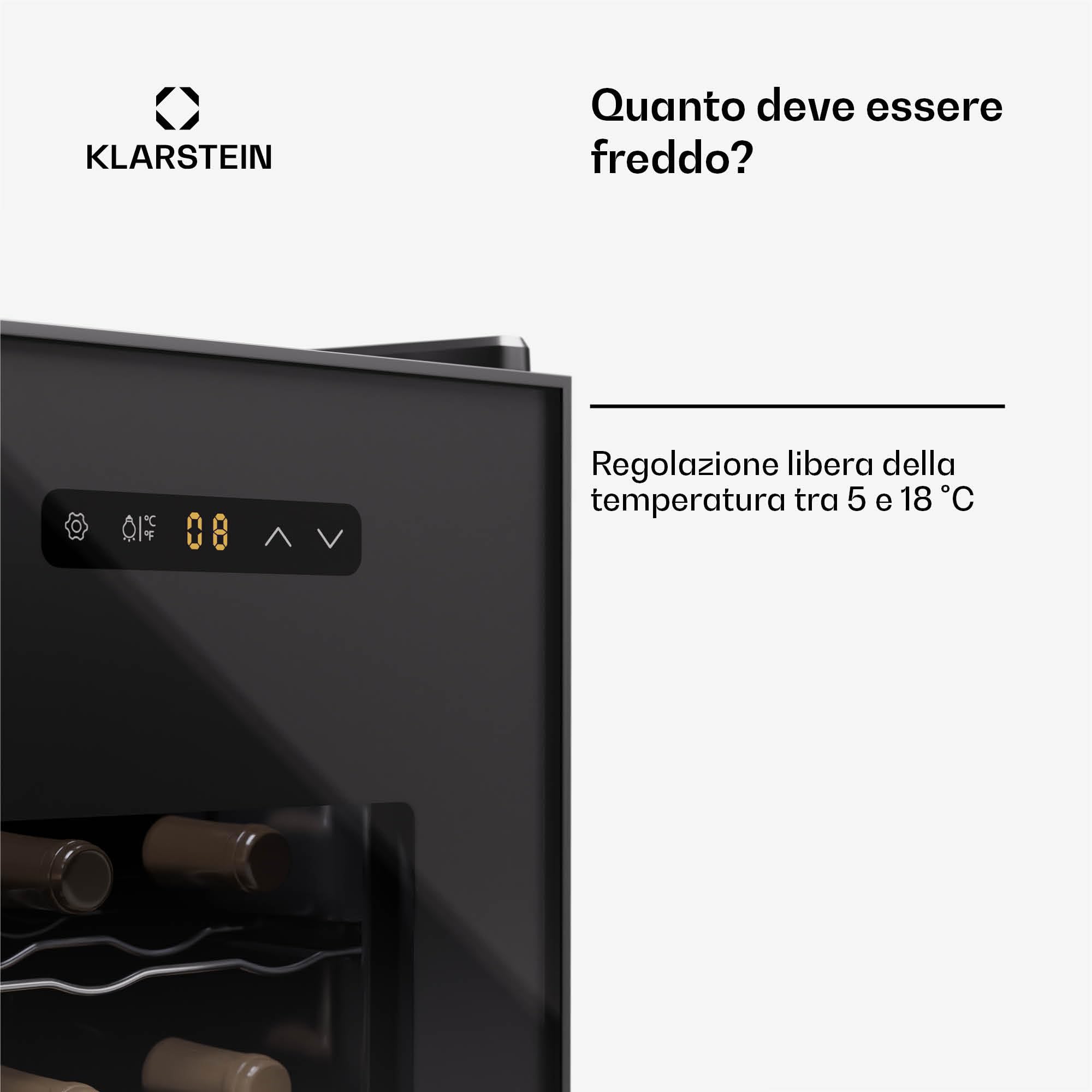 KLARSTEIN Nevera para vino independiente 1 zona, Nevera para bebidas pequeña, Nevera para vino pequeña, con puerta de cristal, Nevera para botellas interior/exterior, 12 botellas