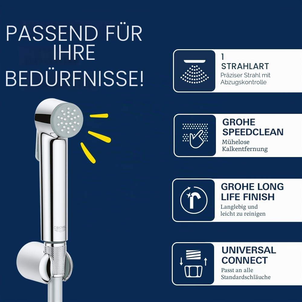 GROHE Tempesta, Bidet-Set für das WC (Bidet-Duschkopf mit 1 Strahlart, Duschschlauch 1,25m und Wandhalterung, langlebige Oberfläche, leicht zu reinigen), chrom, 27513001