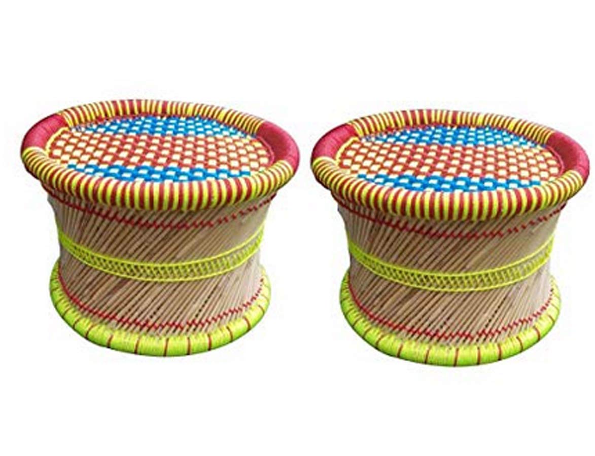 Anupam Enterprises Eco-Friendly Handicraft Cane Bar Bamboo Chair/Stool/Muddha/Mudda for Outdoor/Indoor/Furnishing/Color: Multi-Colored 2 Piece(10 inch Height)