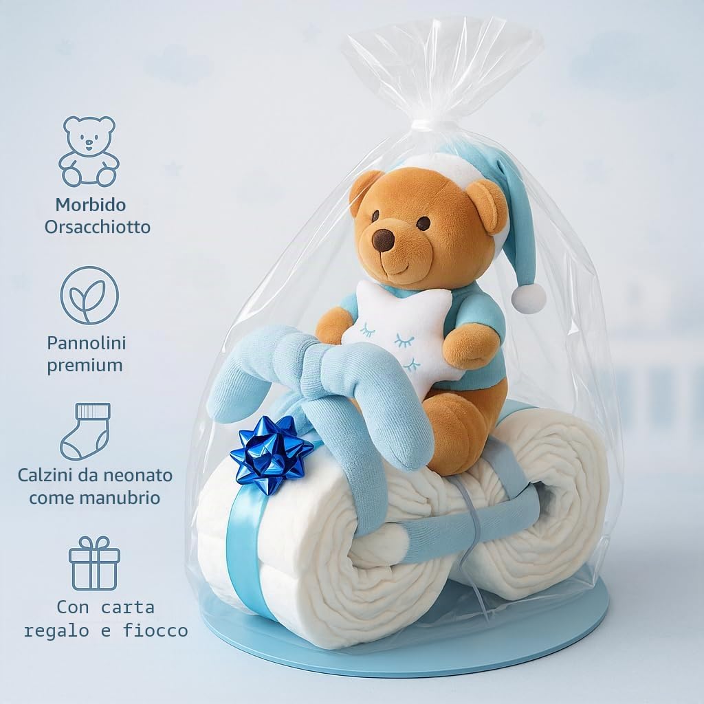 Homery - Torta di pannolini con peluche, perfetta come regalo per bimbi e bimbe dopo la nascita o durante la festa di benvenuto, realizzata a mano