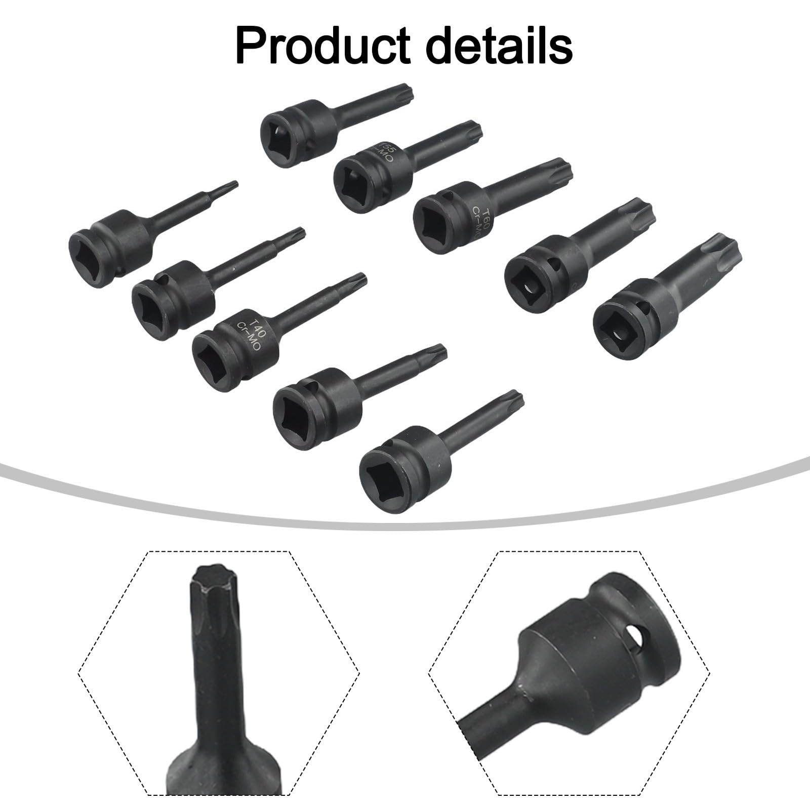 Set di 10 chiavi a bussola Torx da 1/2 pollici, T20 a T80, in acciaio cromato, in scatola di plastica