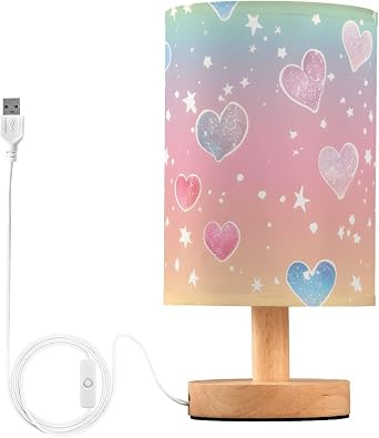 Mnsruu Bedside Table Lamp Rainbow Girly Glitter Hearts Bedside Lamps LED Light Desk Lamp Fabric Shade Small Lamp for Bedroom Living Room Bulb Included