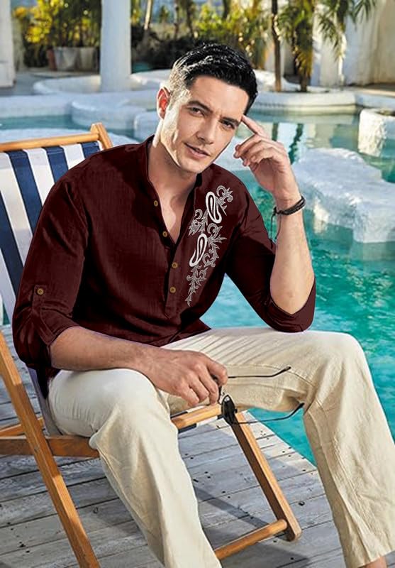 Image of Men's Printed Cotton Blend Short Kurta | Regular Fit Casual Kurta Shirt for Men with Mandarin Collar | Ethnic