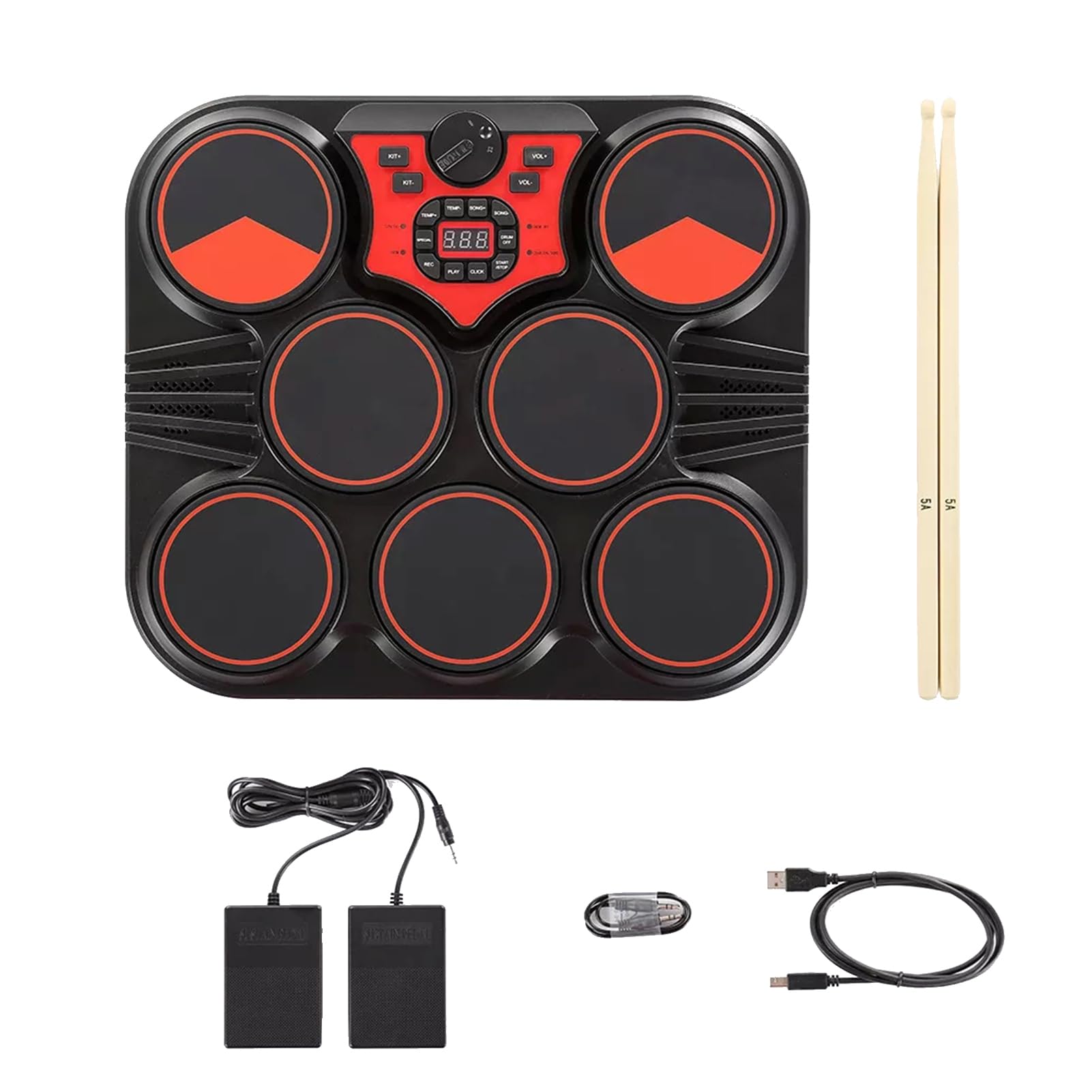 Brrnoo Batería, Batería Electrónica de Mesa USB 7 Pads Portátil con Altavoces Incorporados Electrónica Eléctrica con 2 Baquetas Pedales para Principiantes