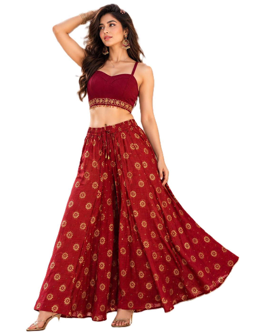 Full Flared Cotton Palazzo Pants || Gold Print Printed Sharara Garara || Ethnic Or Casual Wear (IN, Alpha, 2XL, Maroon.Gold)-image-13