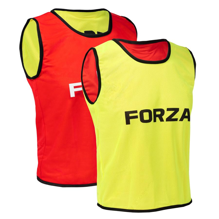 FORZA Premium Reversible Training Bibs (Pack of 5) – Lightweight Polyester Sports Vests - Kids and Adult Sizes (Yellow & Red, Adult L/XL)