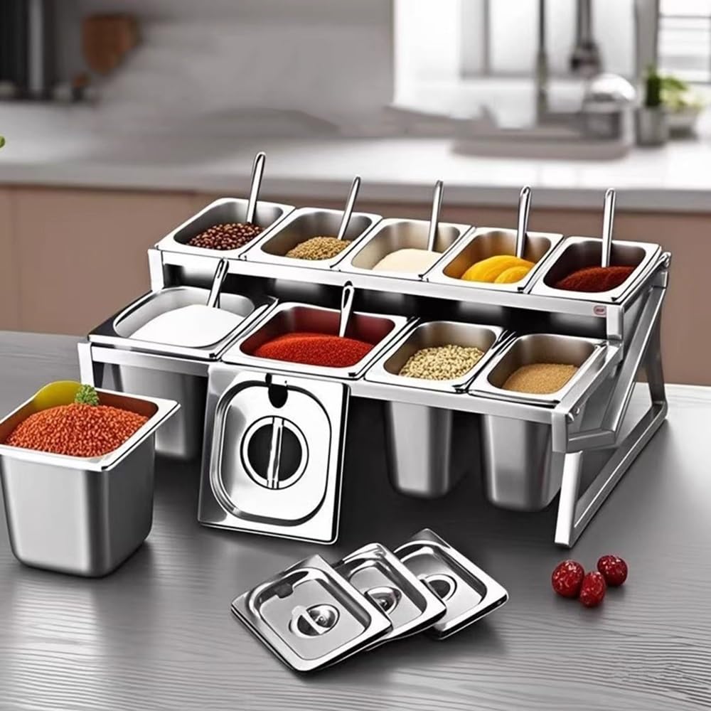 ISCBAFYX Dwupoziomowy stojak na przyprawy ze stali nierdzewnej do kuchni — uchwyt na 10 słoików z pokrywkami i łyżkami Rozwiązanie do przechowywania na blacie przypraw, dżemów i owoców (19,7 x 14,6 x
