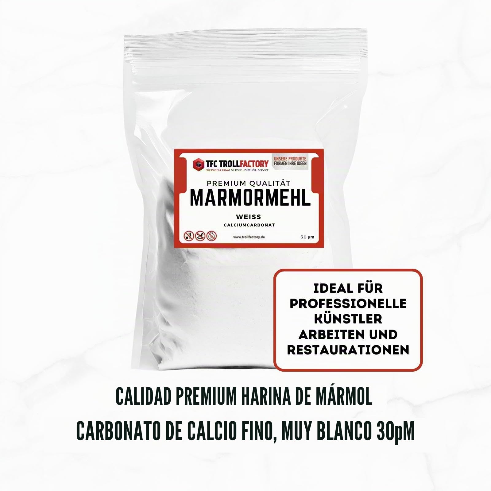 TFC Harina de mármol carbonato de calcio, 1 kg, polvo fino de alta calidad para arte, artesanía y construcción, respetuoso con el medio ambiente, no tóxico, blanco puro, versátil, perfecto para