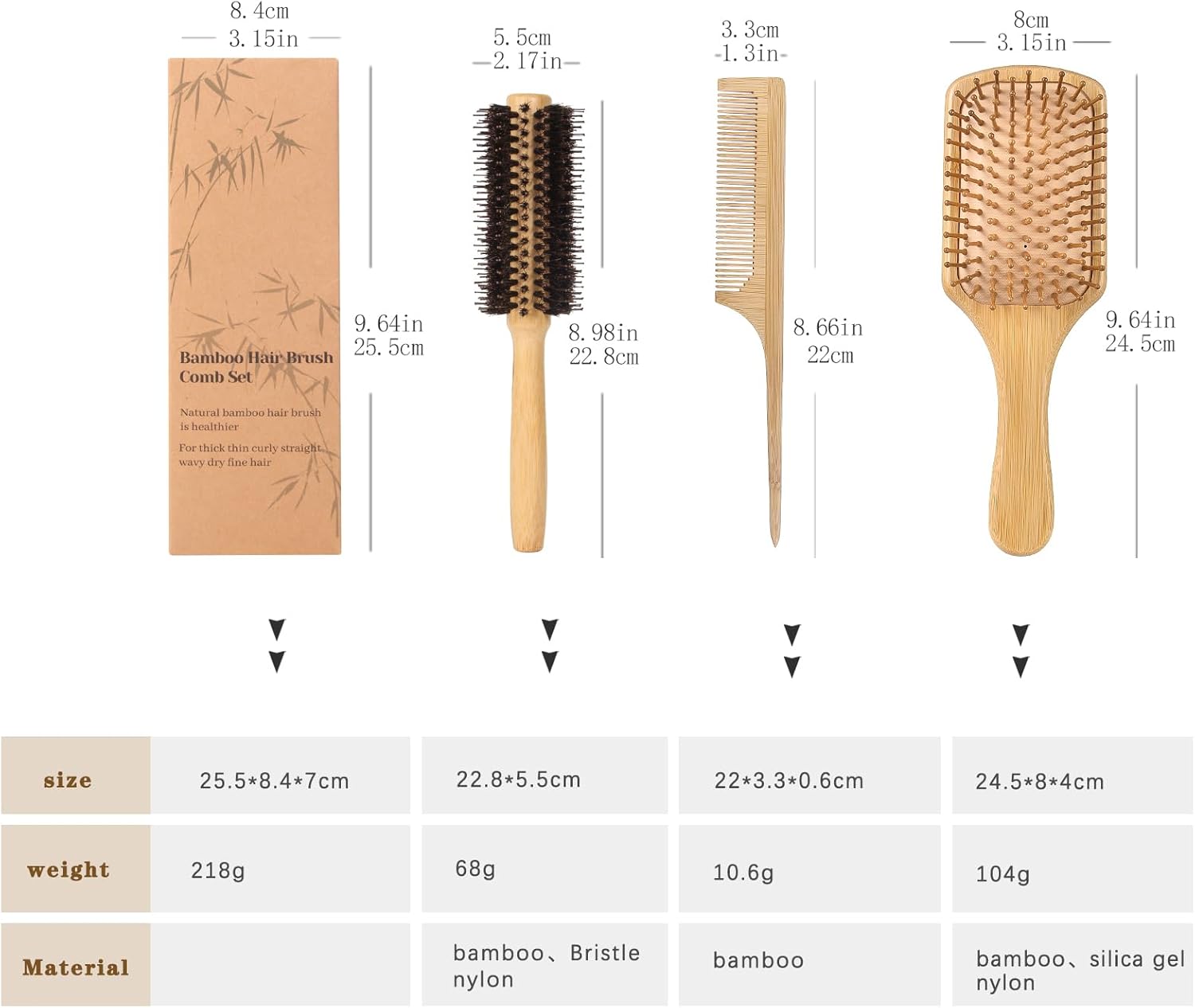 ヘアブラシ3点セット 天然竹ブラシ デタングルテールコーム ヘアラウンドブラシ 頭皮育毛マッサージ用 レディース メンズ キッズ す