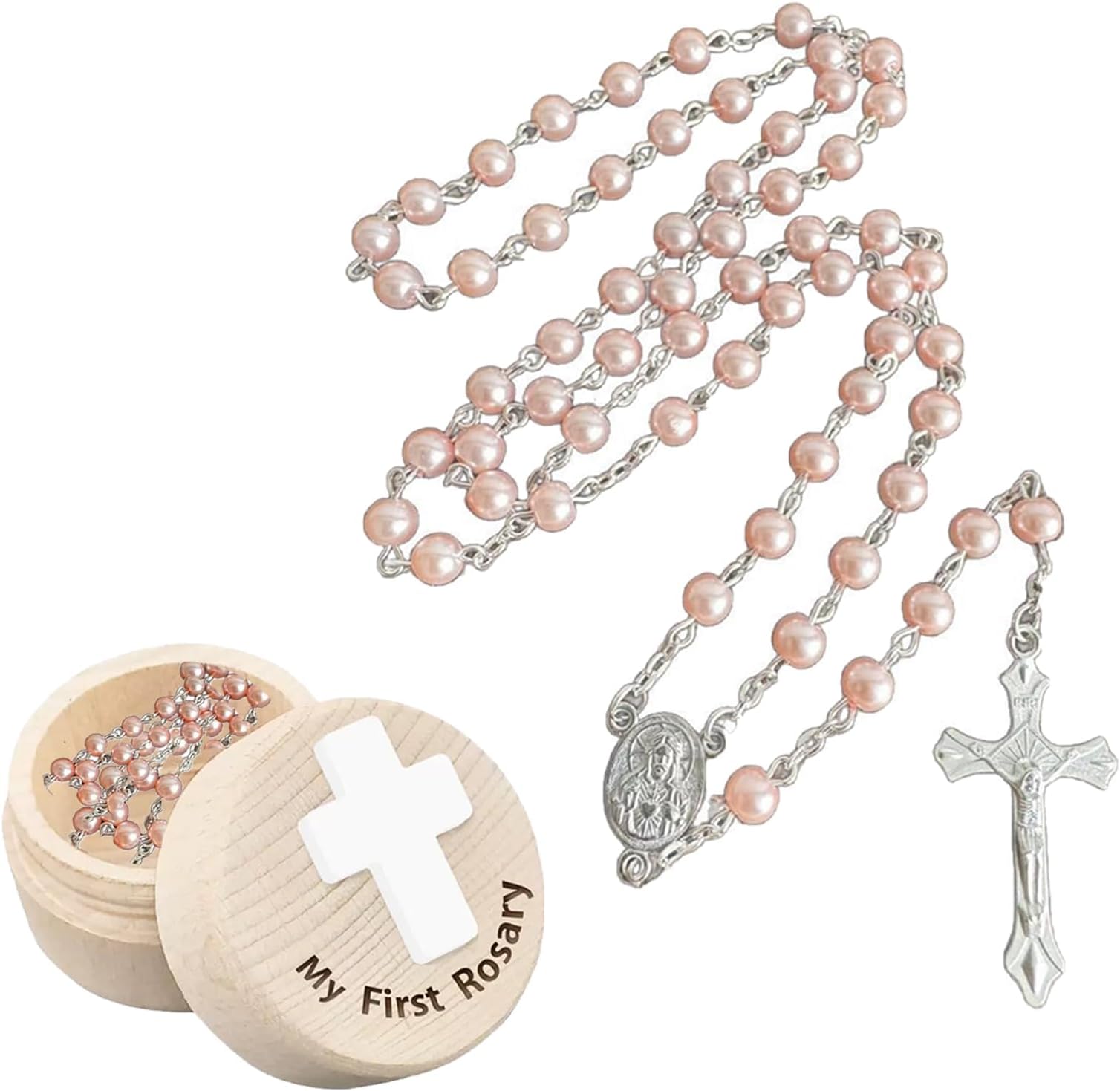 Christening Gifts for Girls Rosary Necklace With Baptism Memorial Box, Baby Christening Gifts, Pink Elegant Beaded Design, Suitable for Rosary Beads First Holy Communion for Baby Baptisms Party Gift