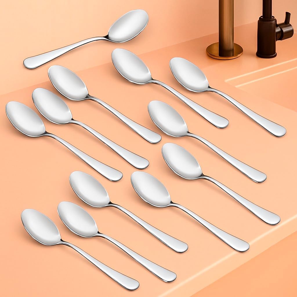 Parage 12 Pieces Stainless Steel Table Spoon for Tea, Coffee, Sugar & Spices | Spoon Set | Cutlery | Steel Spoons - Set of 12 Spoons with Round Edge