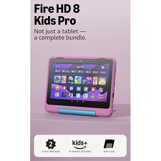 Amazon Fire HD 8 Kids Pro tablet (newest model), ages 6-12. Bright 8" HD screen, includes ad-free content, parental controls, 13-hr battery, slim case for older kids, 32GB, Jungle Cat