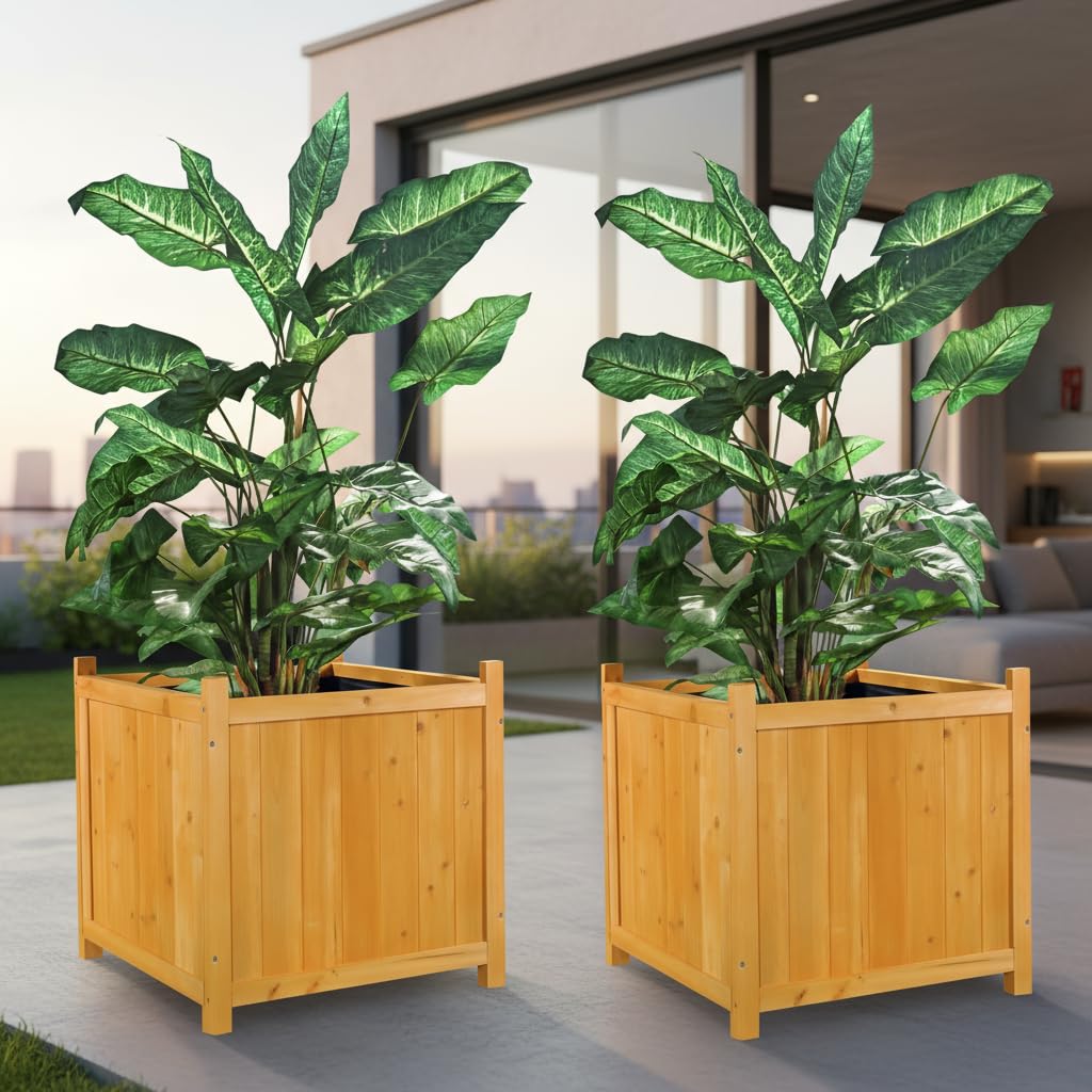 Mucola Blumenkübel Pflanzkübel Holz 2 Stück wetterfest 50x50x50 cm Braun | Pflanzkasten für Blumen, Kräuter und Sträucher, robuste glatte Oberfläche, pflegeleicht, für drinnen und draußen