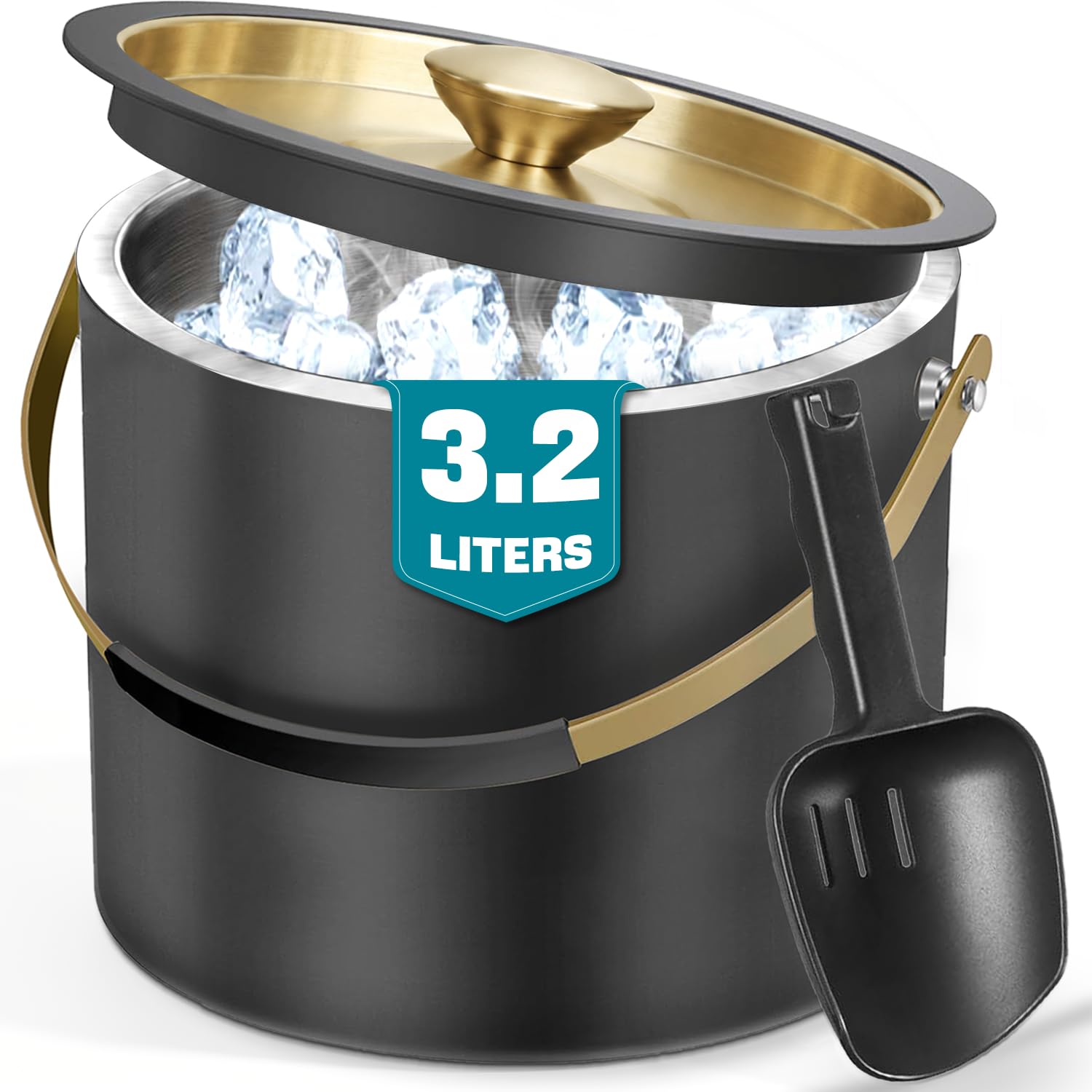 3.2L Eiswürfelbehälter mit Deckel und Schaufel, Edelstahl Eiskübel Doppelwandiger Isolierter Eisbehälter für Cocktailbar und Partys (Schwarz)