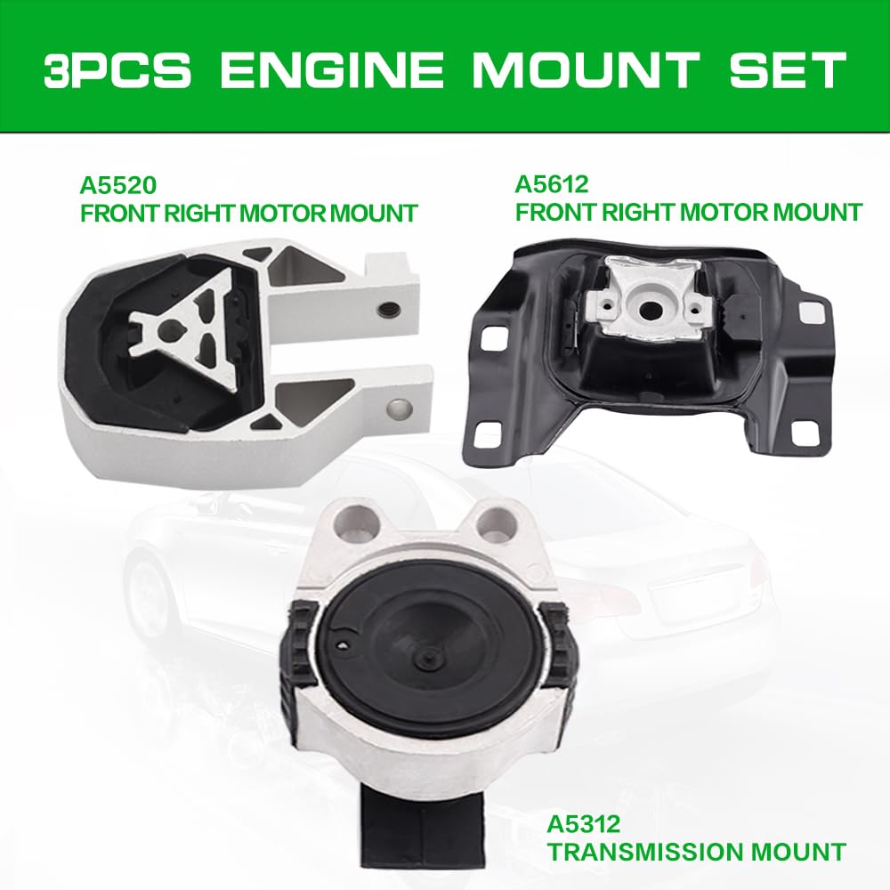 Engine Motor and Transmission Mount Kit Compatible with 2012 2013 2014 2015 2016 2017 2018 Focus L4 2.0L OE 5S4Z6038AA CV6Z6068A AV6Z6068A 5S4Z6038BA 5S4Z6038BB 5S4Z6038CA A5312 A5520 A5612 Set of 3
