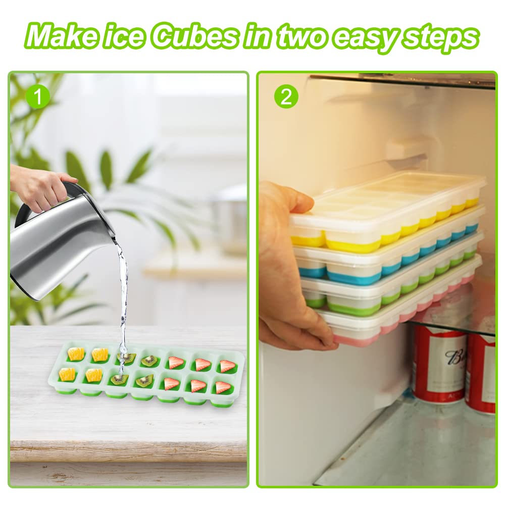 Lot De 4 Bacs à Glaçons En Silicone Avec Couvercle - 14 Glaçons Chacun - Silicone Souple LFGB Sans BPA - Facile à Démouler Et Empilable