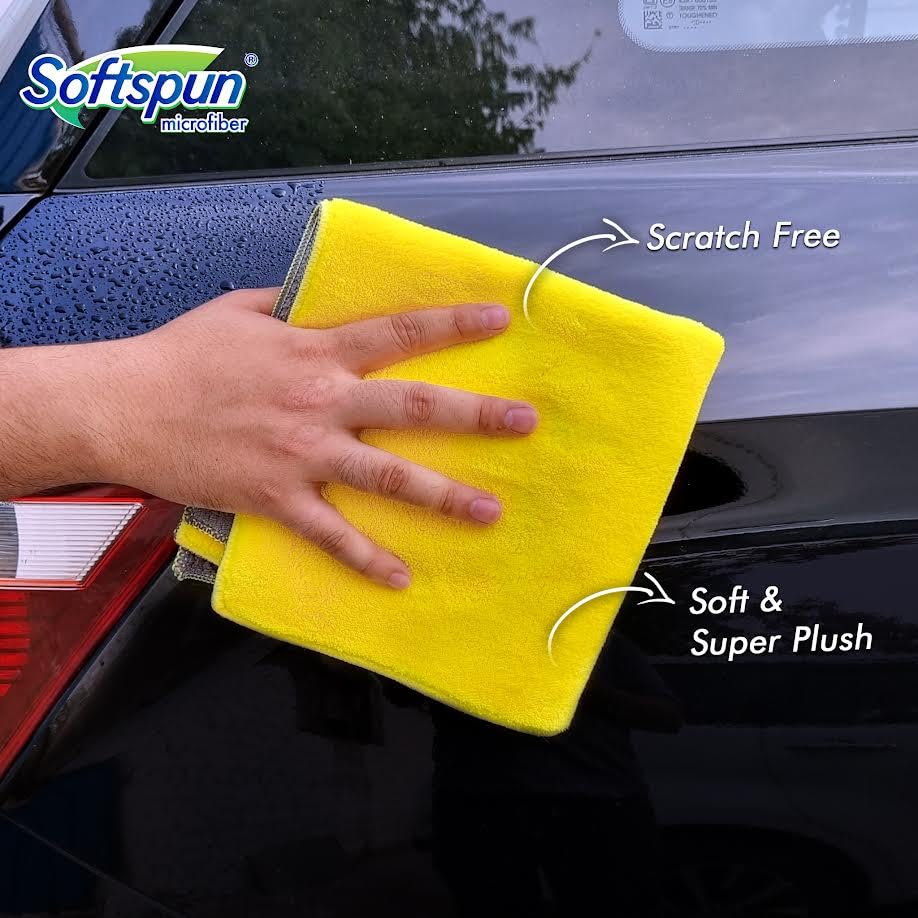 SOFTSPUN 900 GSM Microfiber Double Layered Silk Banded Edge Cloth 40X40cms 2 Piece Towel Set Extra Thick Microfiber Cleaning Cloths Perfect for Bike Auto Cars Both Interior and Exterior.