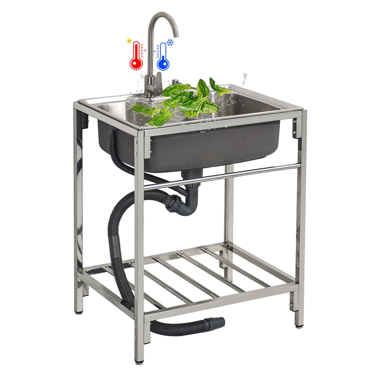 Lavello da Esterno autoportante a Vasca Singola in Acciaio Inox, Mobile e Portatile con Vasca Interna, Rubinetto Acqua Calda e Fredda, Ideale per cucine di ristoranti e Locali.