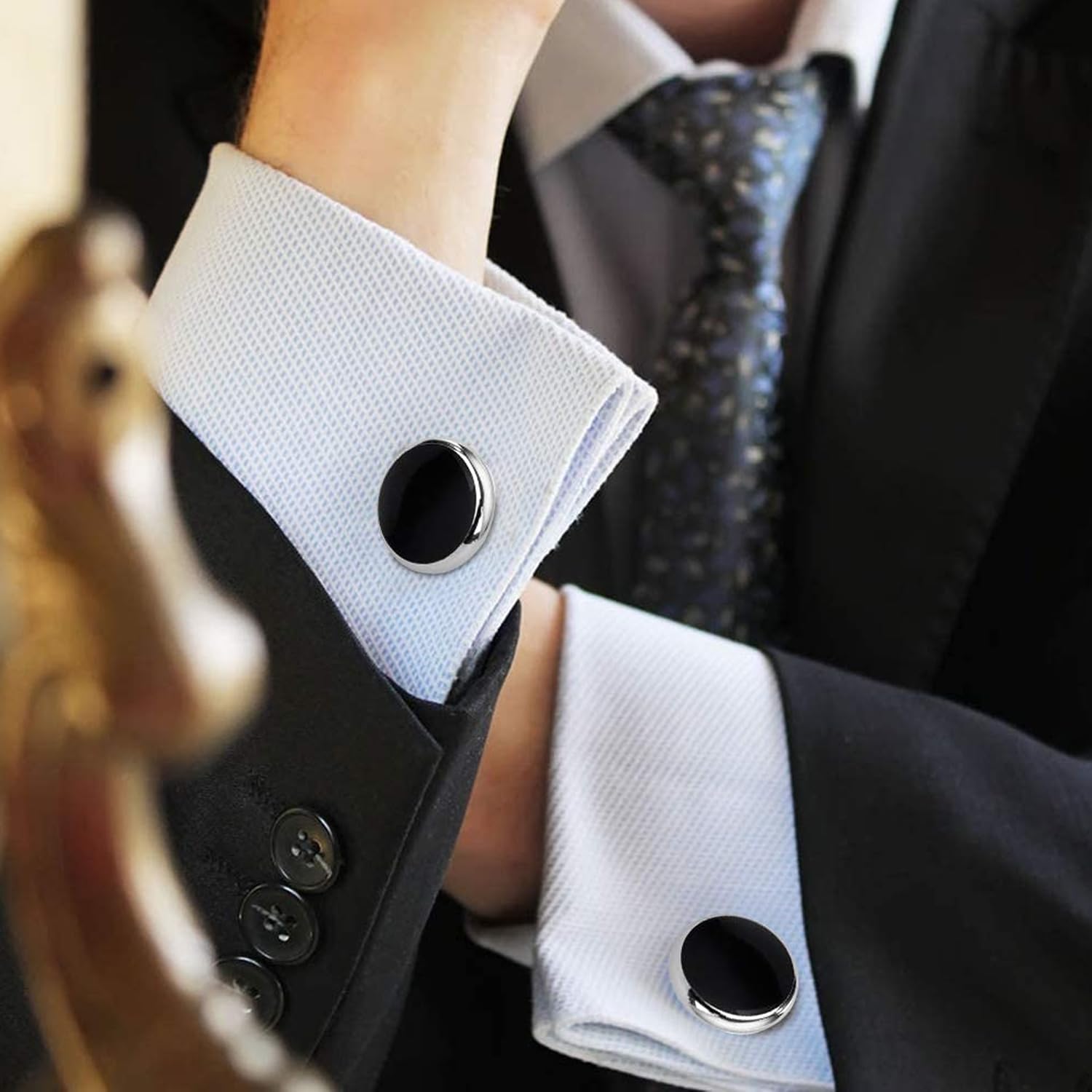 Boutons de Manchette Classiques pour Homme - Père de la Mariée, Mari, Petit Ami (Noir + Argent)