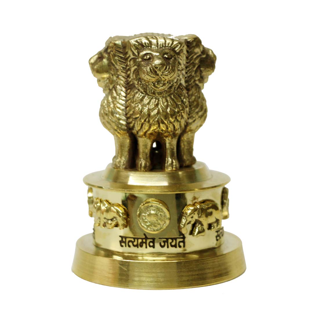 ART SWAG Brass Ashoka Pillar Indian Emblem Four Lions Figurine | Satyamev Jayete, Product Size - LÃ—WÃ—H= (2.3")(5.6cm)Ã—(2.3")(5.6cm)Ã—(3.5")(9cm), Weight (0.220kg)