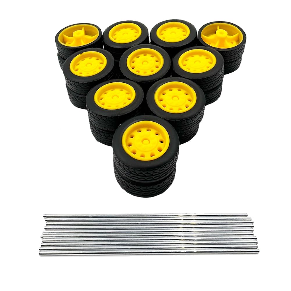 20PCS Toy Car Small Wheels 21mm Model Car Rubber Tire Wheels with 10PCS Shaft Round Rod Axles for RC Car Truck Robot DIY Model Toy Building Accessories (2x7x21mm)