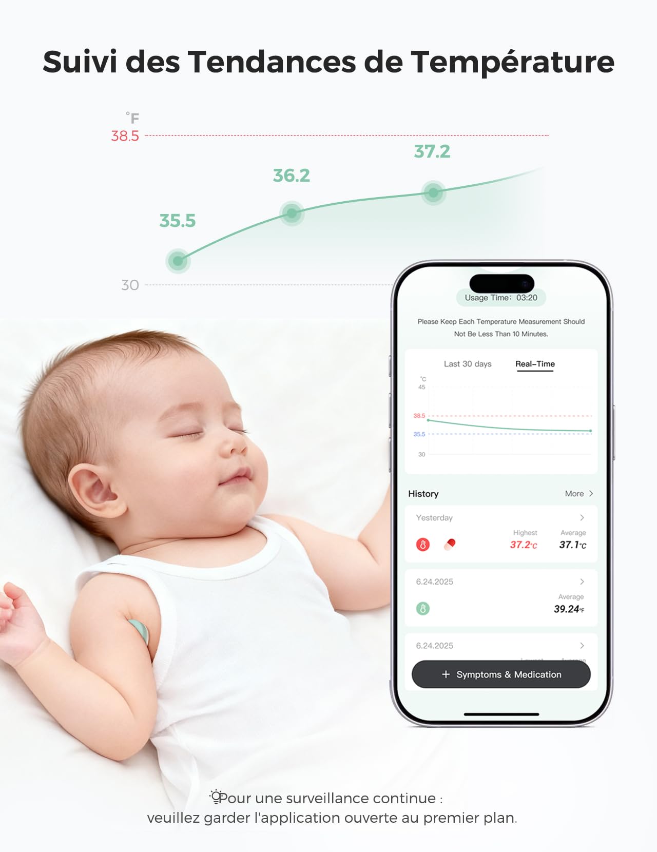 Thermomètre Numérique Portable Momcozy pour Bébé, Qualité Médicale, Lectures Instantanées, Suivi en Temps Réel via Application pour Nourrissons et Enfants, Bluetooth, Vert