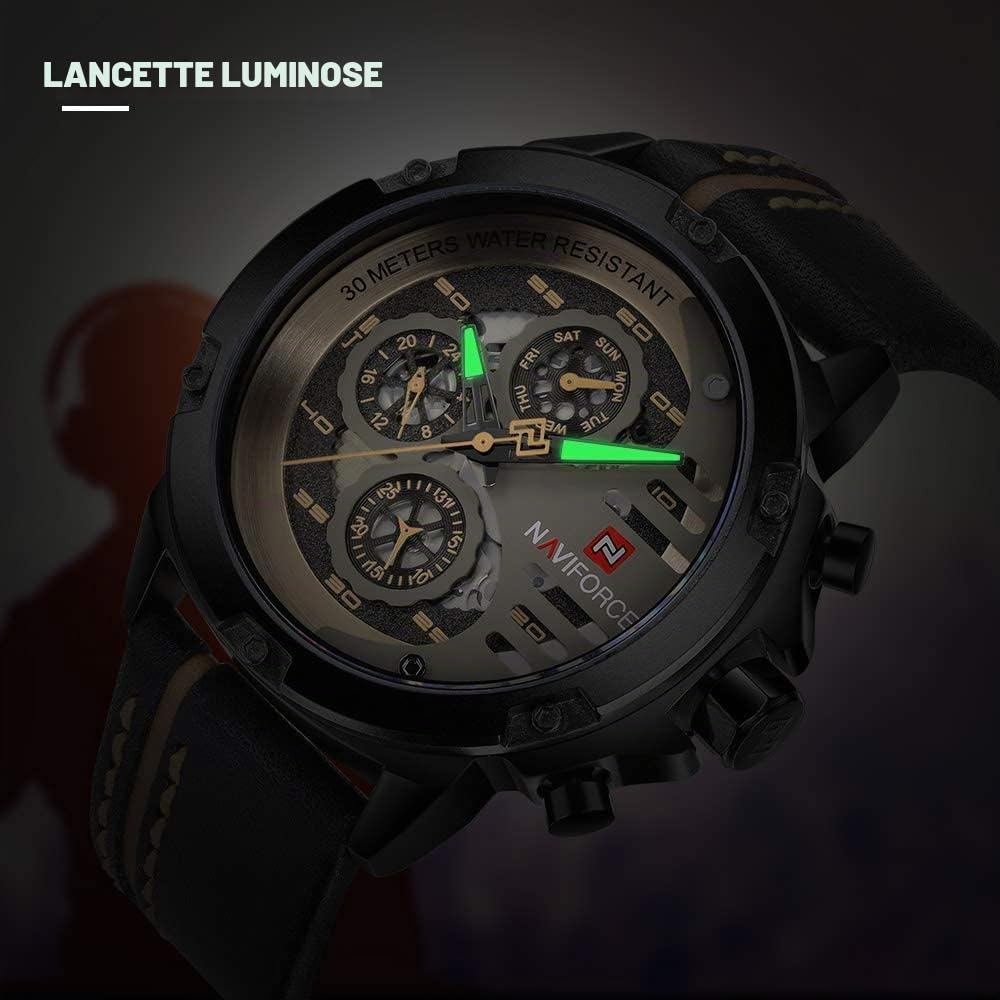 NAVIFORCE Orologio sportivo militare da uomo, impermeabile, analogico, al quarzo, cinturino in pelle, data, calendario, orologio da polso